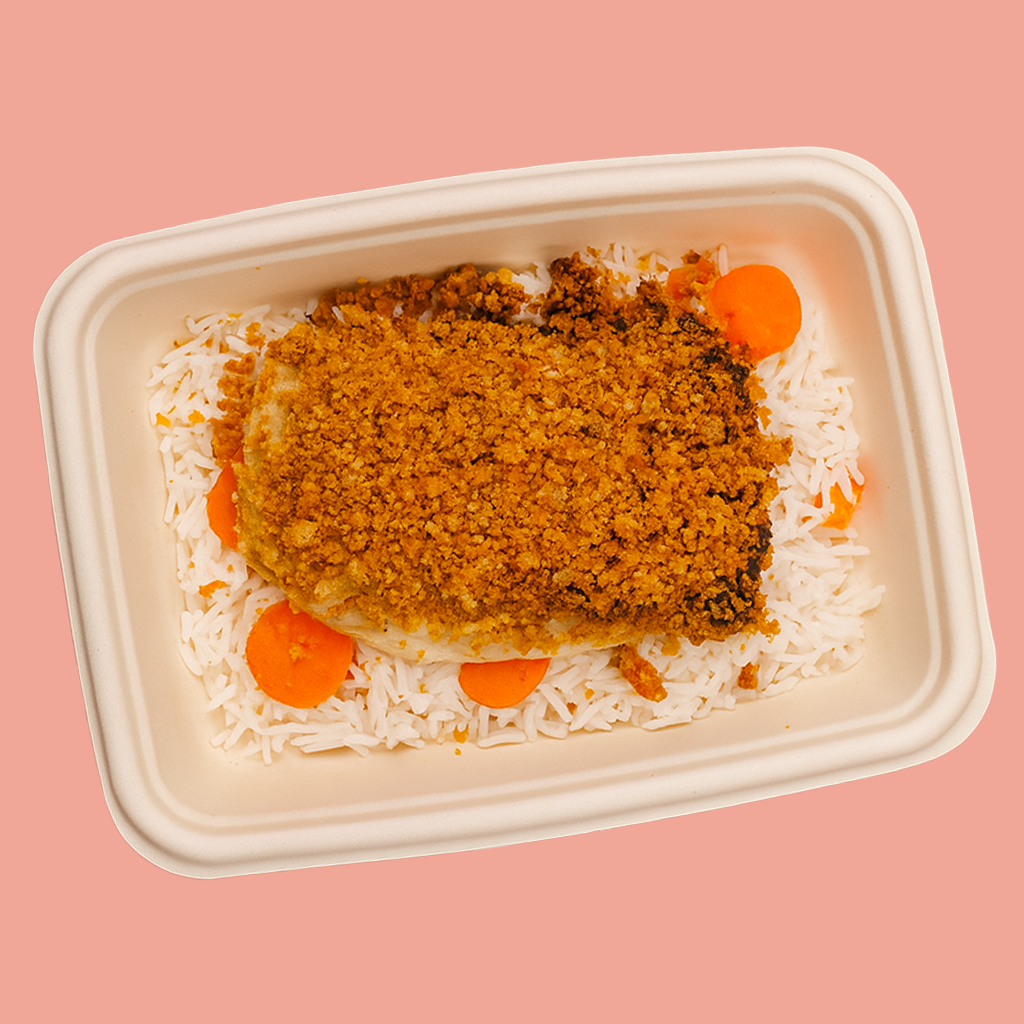 Pescada com creme de alho francês e cogumelos com arroz de cenoura
