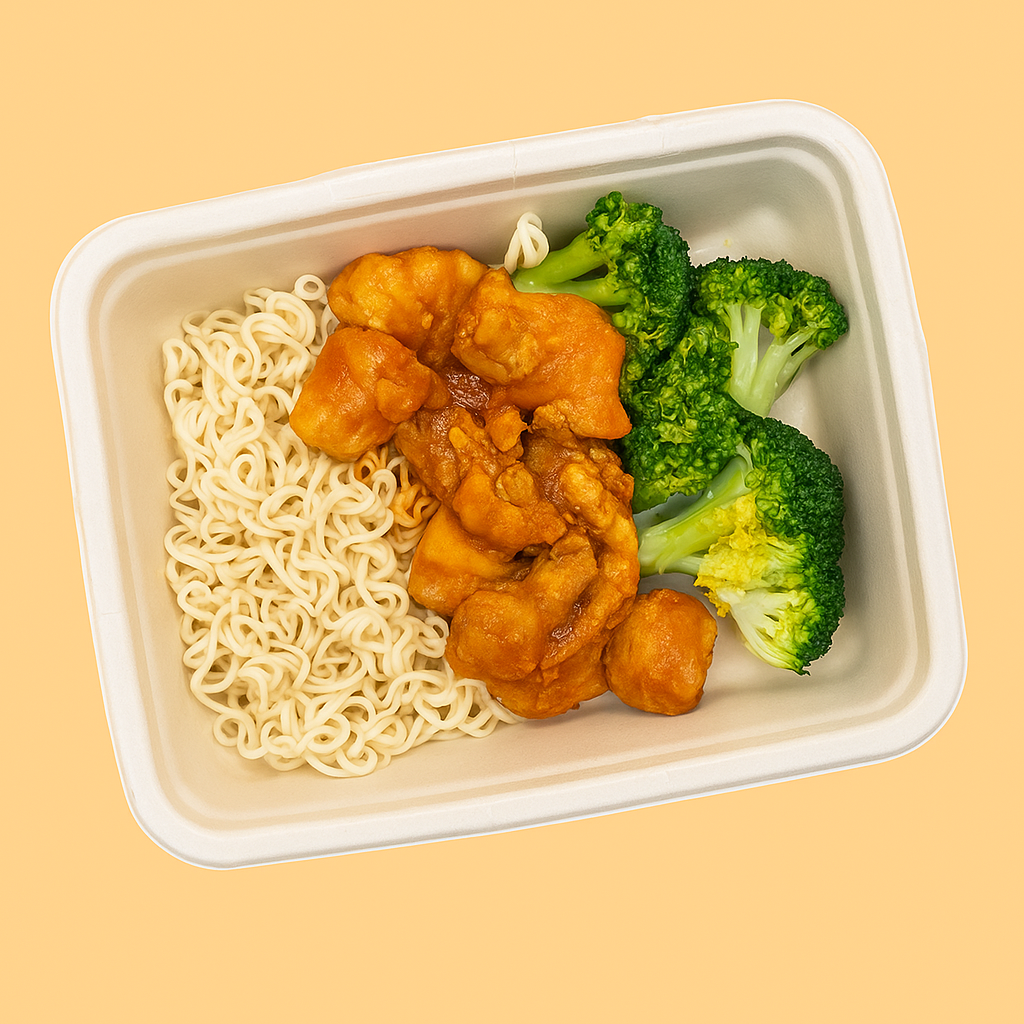 Frango agridoce com noodles e brócolos