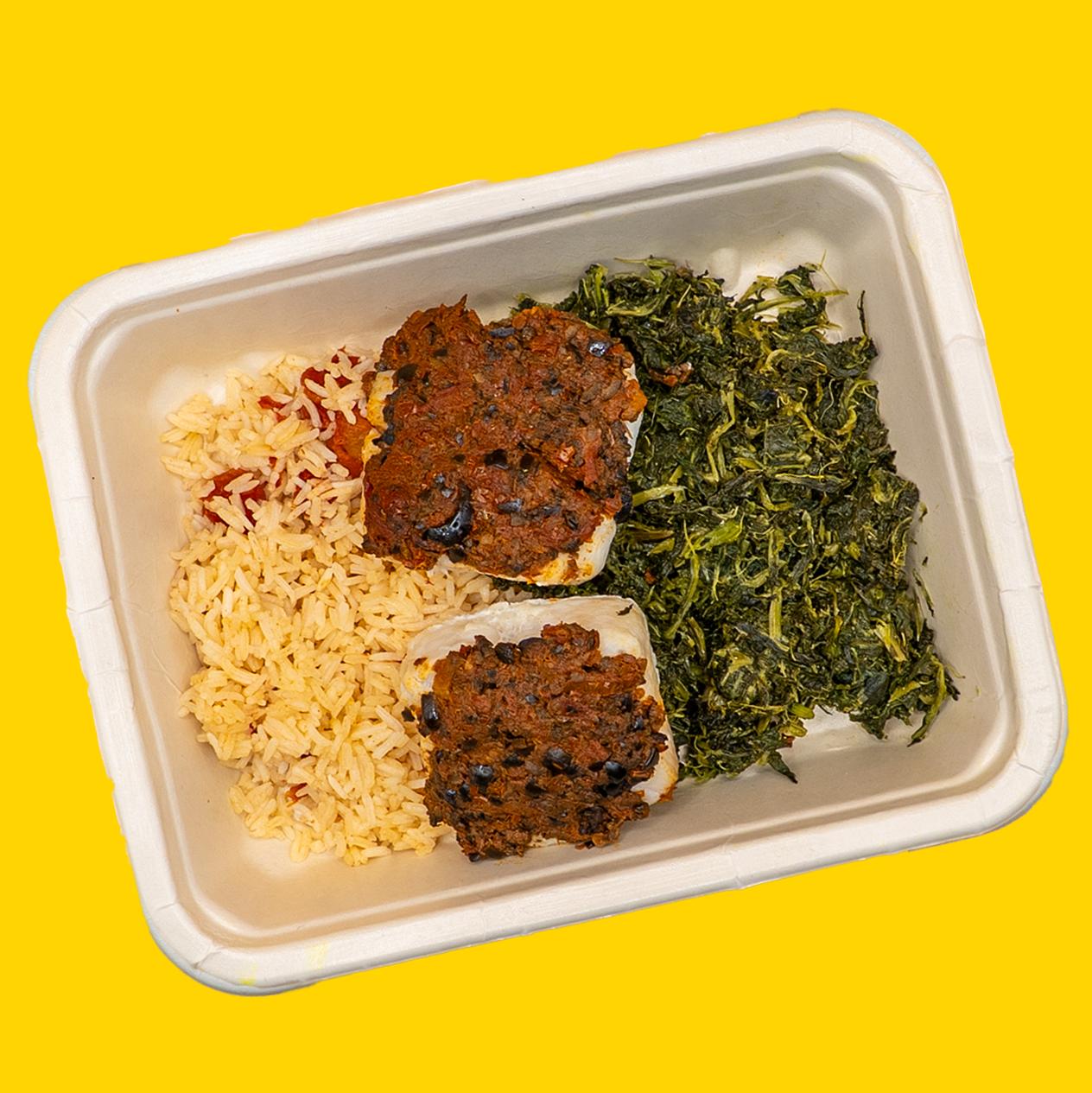 Lombos de pescada com crosta de tomate seco e azeitonas, arroz de tomate e grelos salteados - Image 2