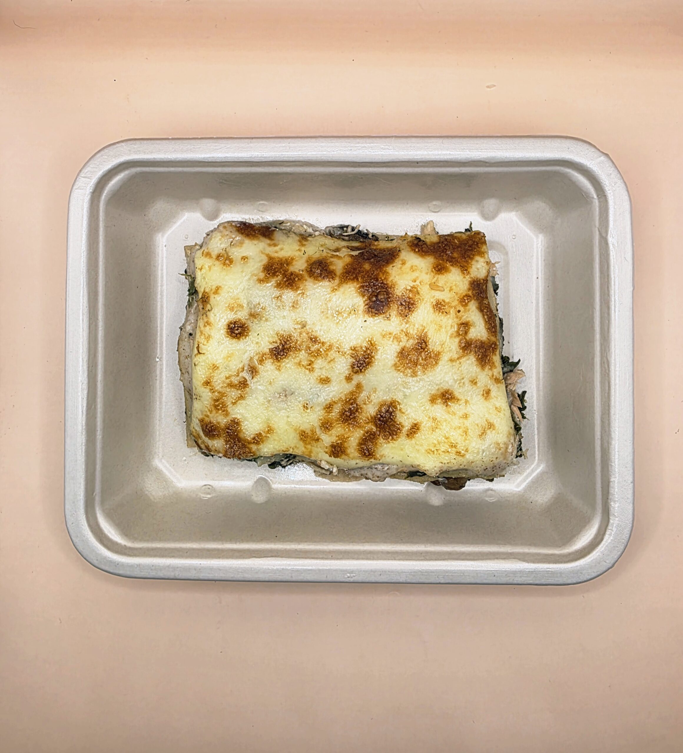 Lasanha integral de salmão, cogumelos e espinafres